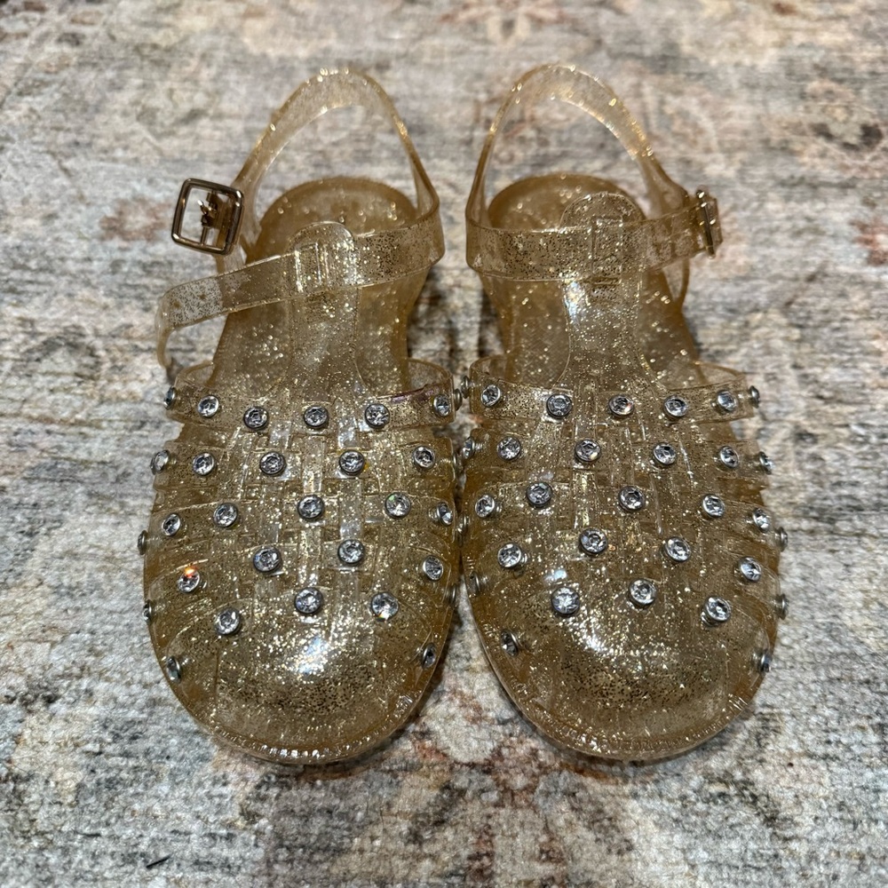 Loeffler Randall Rhys Gold Glitter Jelly Sandals with Rhinestones